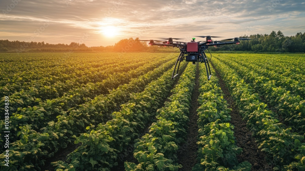 A drone flies over a field of crops at sunset, showcasing the use of technology in agriculture. A drone flies over a field of crops at sunset, showcasing the use of technology in agriculture.