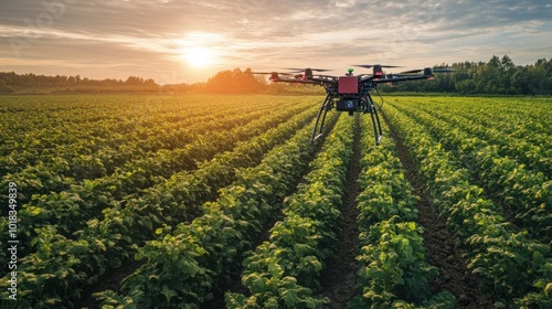 A drone flies over a field of crops at sunset, showcasing the use of technology in agriculture.