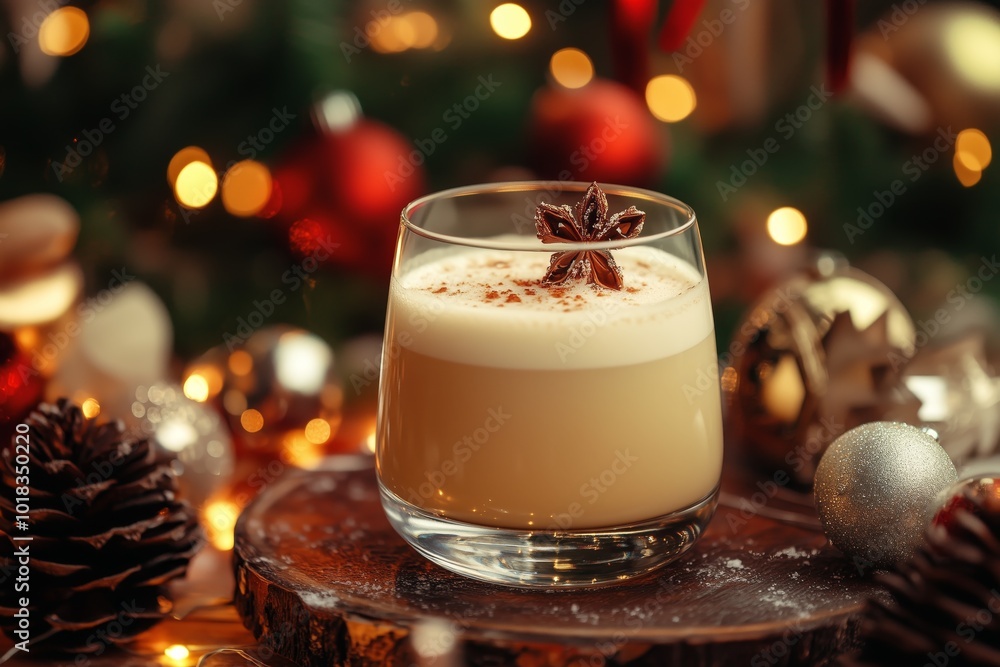 Cozy glass of creamy eggnog garnished with star anise, surrounded by Christmas ornaments and warm bokeh lights. Cozy glass of creamy eggnog garnished with star anise, surrounded by Christmas ornaments and warm bokeh lights.
