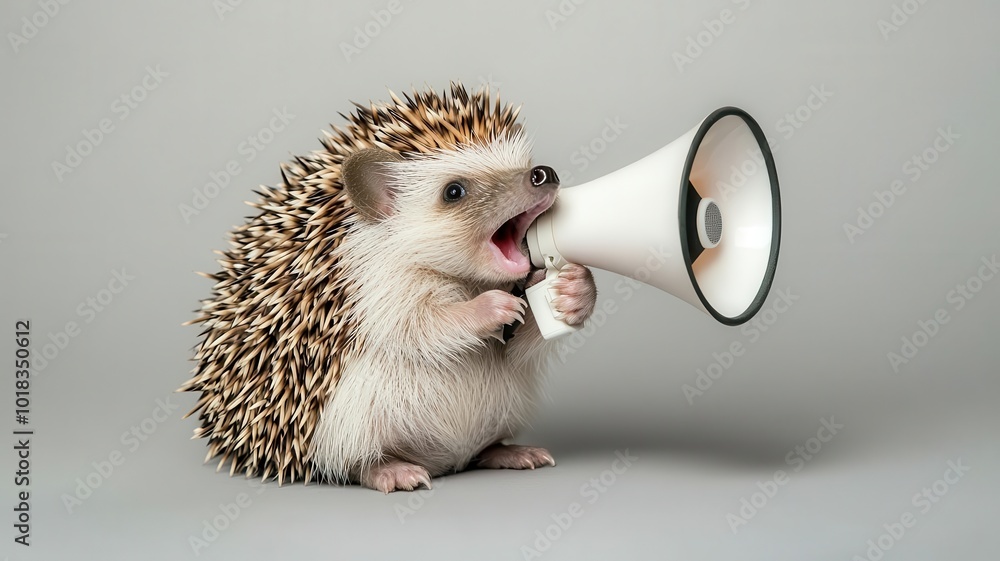 Fototapeta premium A hedgehog curled up, holding a tiny megaphone and squeaking through it hedgehog, megaphone, cute squeak