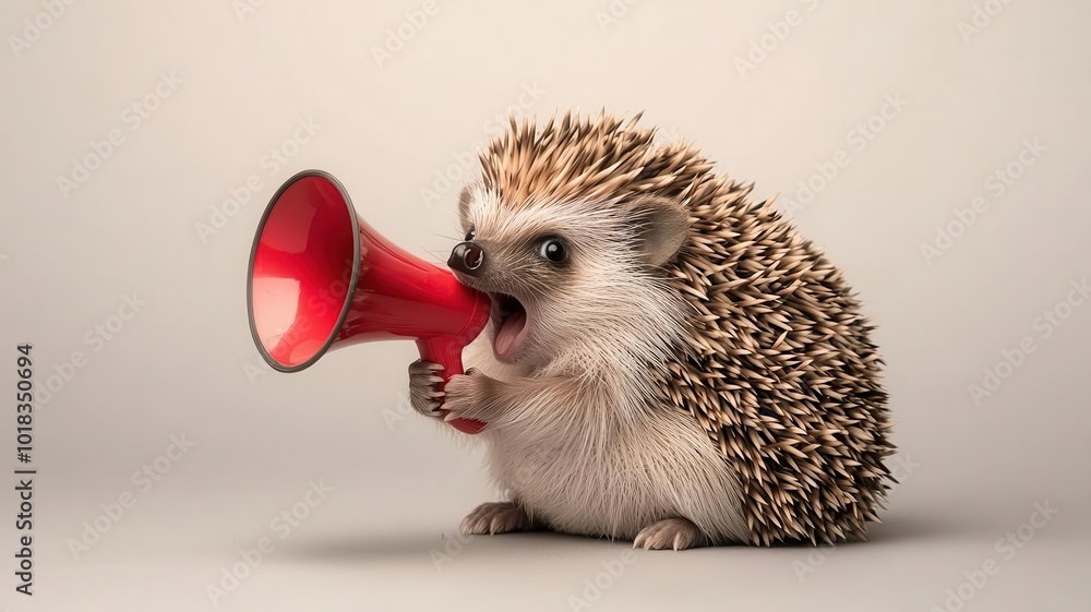 Fototapeta premium A hedgehog curled up, holding a tiny megaphone and squeaking through it hedgehog, megaphone, cute squeak