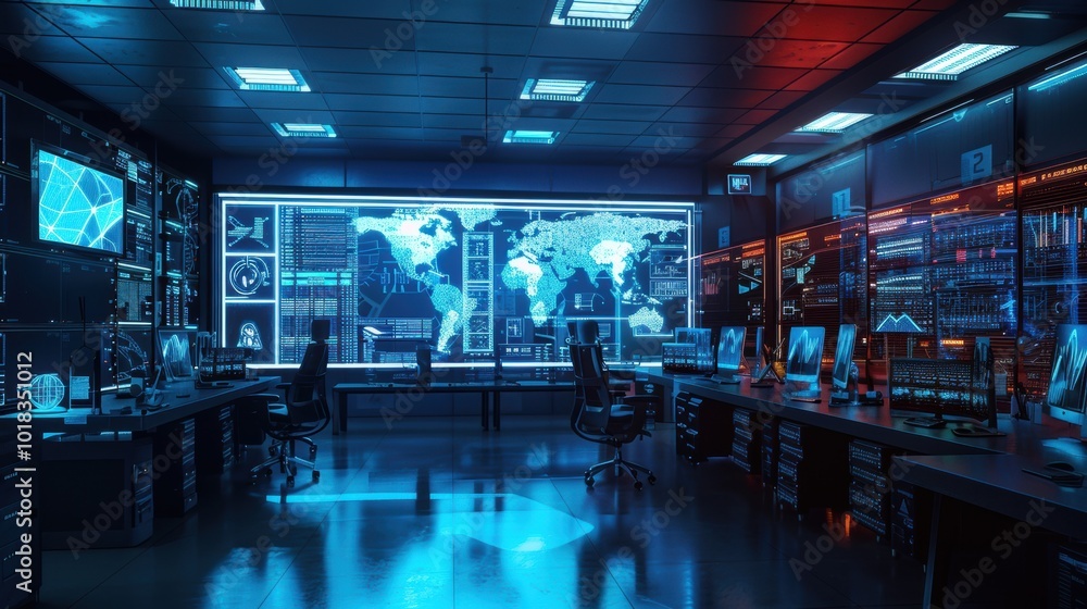 Futuristic Control Room with Digital Displays and Data Futuristic Control Room with Digital Displays and Data