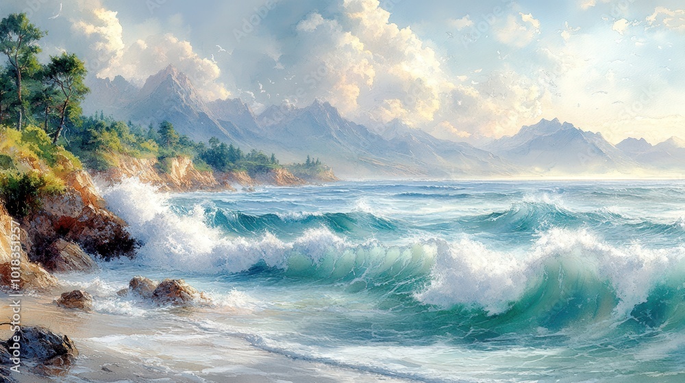 Ocean Waves Crashing on a Sandy Beach with a Mountain Range in the Distance Ocean Waves Crashing on a Sandy Beach with a Mountain Range in the Distance
