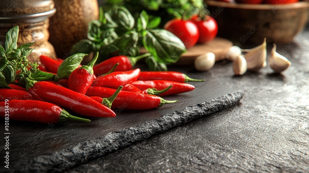 Fresh Red Chili Peppers on Black Countertop Surface Fresh Red Chili Peppers on Black Countertop Surface