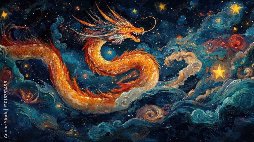A majestic golden dragon soars through a starry night sky, its scales shimmering with light.