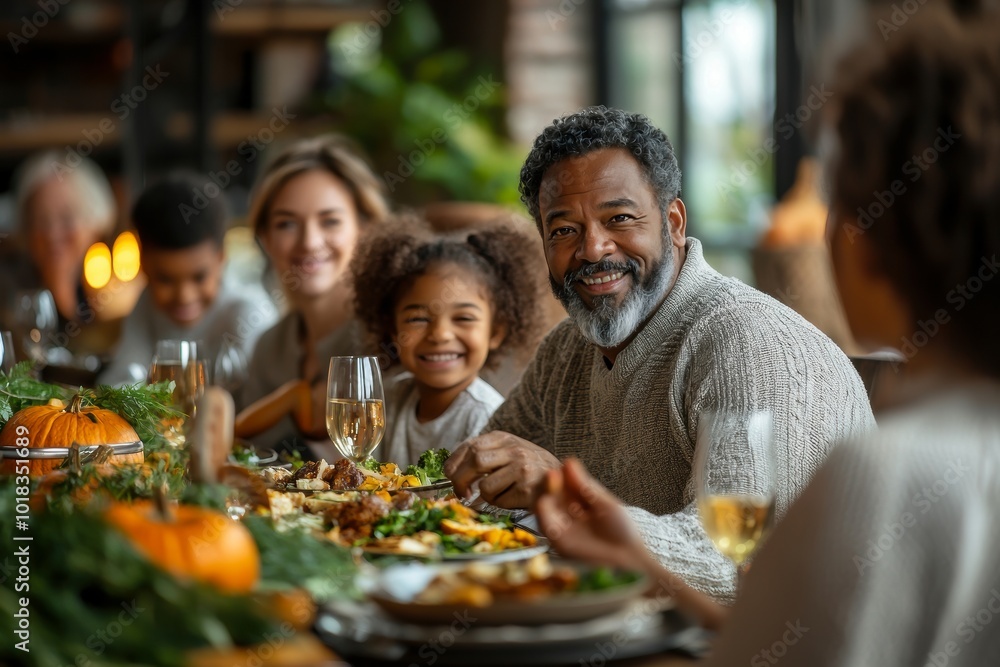 A joyful family gathering around a dinner table filled with food, embracing warmth and connection during a festive meal A joyful family gathering around a dinner table filled with food, embracing warmth and connection during a festive meal