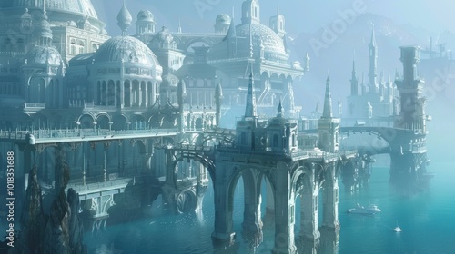 Ethereal Cityscape Above Water in Dreamlike Setting photo