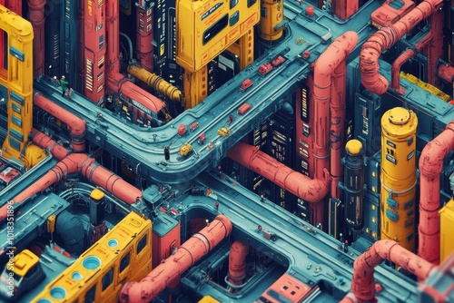 A futuristic city with a complex network of pipes, walkways, and buildings.