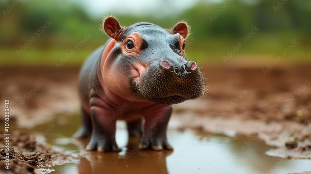 Fototapeta premium Baby hippo Next to puddle Soft colors Friendly
