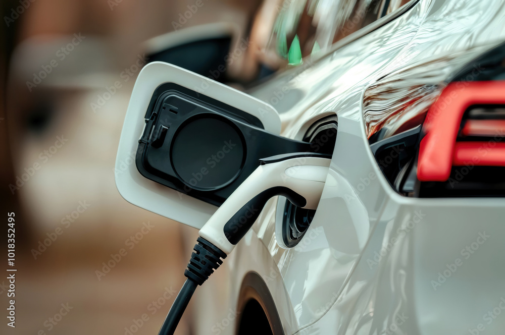 Closeup of power cable charging electric car Closeup of power cable charging electric car