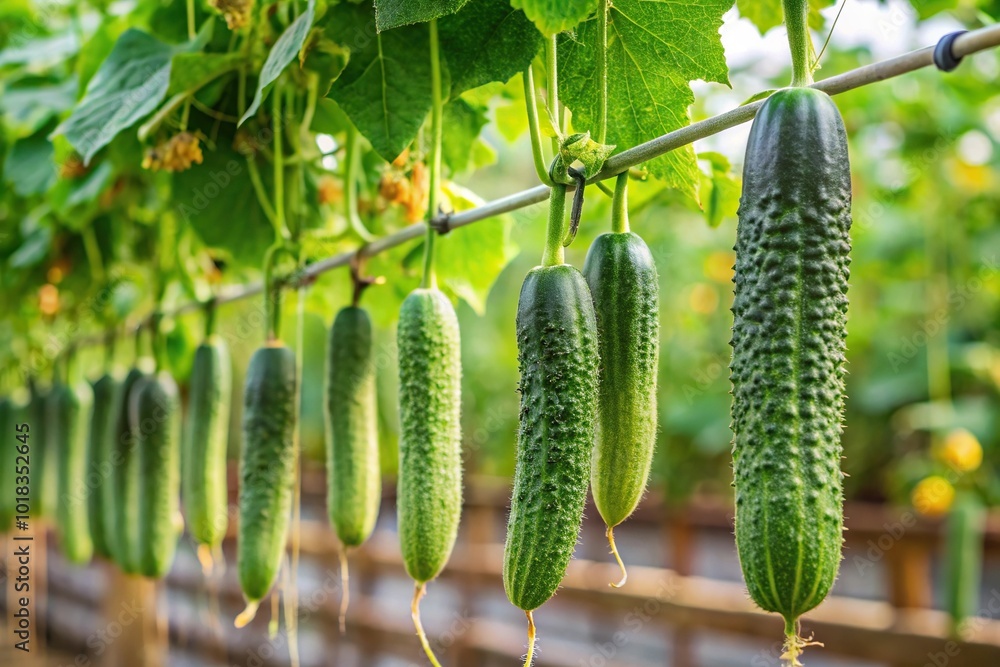 Garden cucumbers hanging on trellis in silhouette Garden cucumbers hanging on trellis in silhouette
