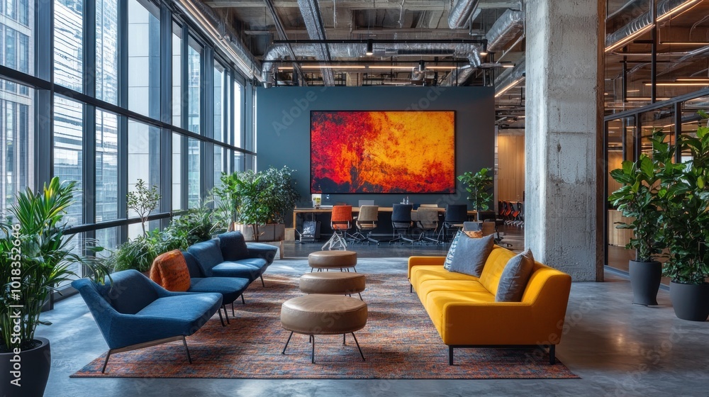 A modern office lobby with large windows, a colorful abstract painting on the wall, comfortable seating, and plants. A modern office lobby with large windows, a colorful abstract painting on the wall, comfortable seating, and plants.
