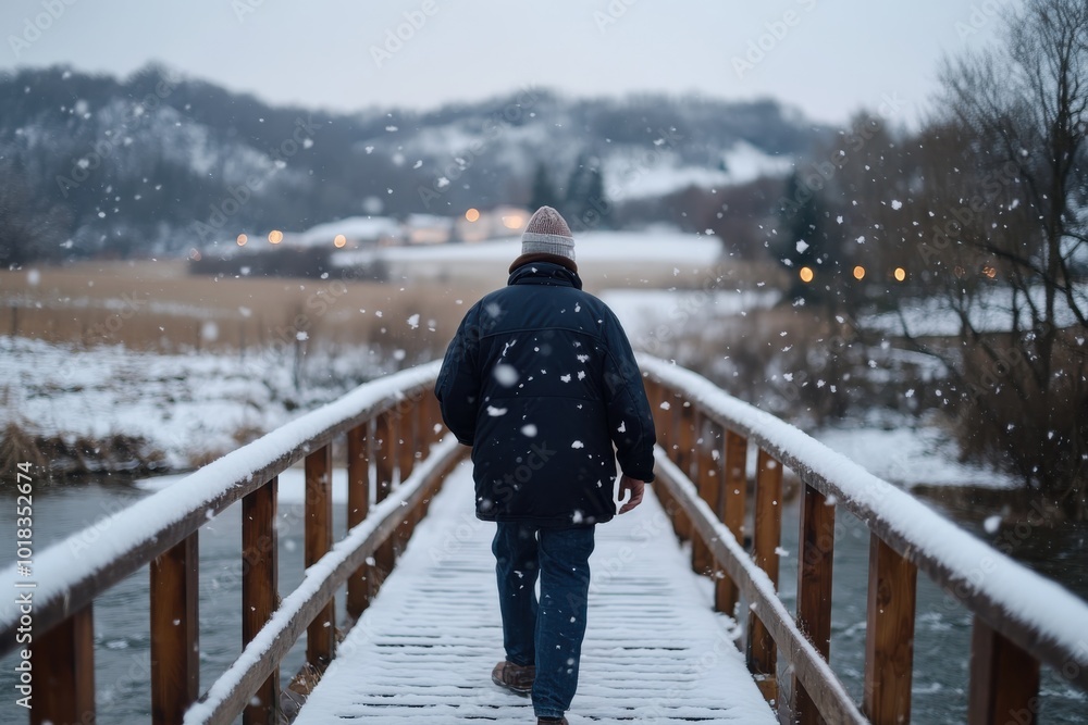 A solitary man in a snow jacket and beanie crosses a wooden bridge blanketed in snow, enveloped by softly falling snowflakes in a peaceful winter landscape. A solitary man in a snow jacket and beanie crosses a wooden bridge blanketed in snow, enveloped by softly falling snowflakes in a peaceful winter landscape.