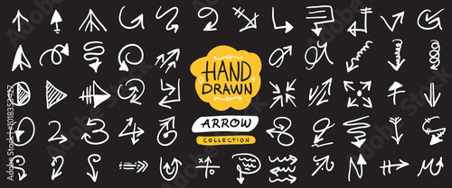 Hand-drawn arrow set, collection art design showcasing different shapes, vector illustration.