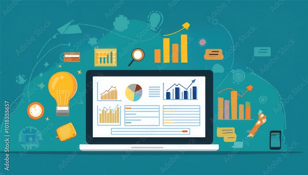 Laptop with data analysis graphics and business illustrations.