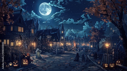 spooky Halloween night scene with glowing pumpkins, a full moon, and eerie houses under a starry sky.