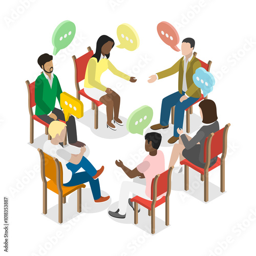3D Isometric Flat  Illustration of Discussion Circle, Psychology Therapy