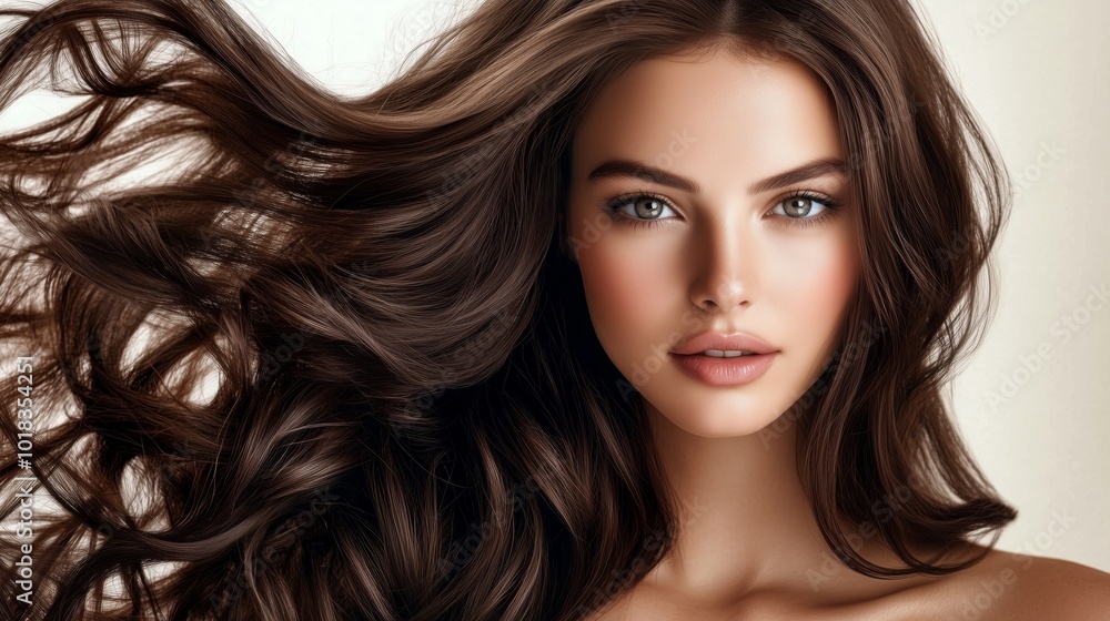 Fototapeta premium A portrait of a young woman with stunning long hair, capturing elegance and beauty in a soft, natural light setting.