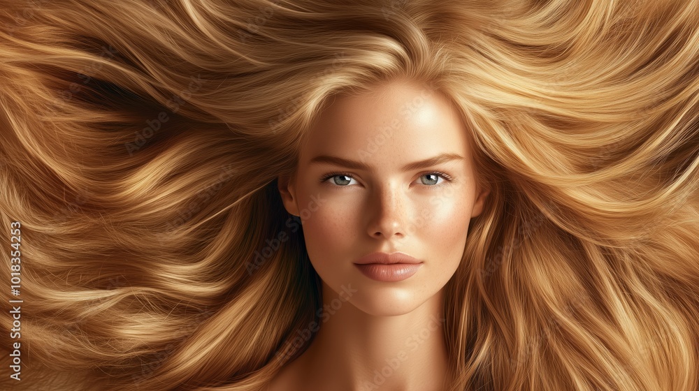 Portrait of a confident blonde woman with long, luscious hair flowing outwards, capturing beauty and elegance. Portrait of a confident blonde woman with long, luscious hair flowing outwards, capturing beauty and elegance.