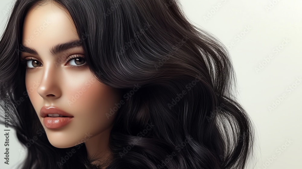 Obraz premium Close-up of a woman's face, showcasing smooth skin, glossy lips, and flowing dark hair, exuding elegance and beauty.