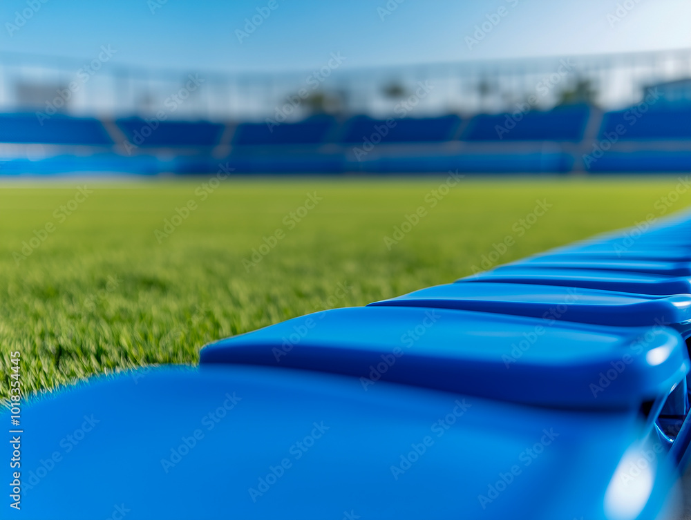 Naklejka premium long rows of blue seats on a sports field stand