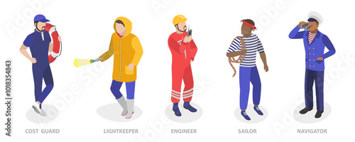 3D Isometric Flat  Set of Maritime Professions, Seacrew Characters