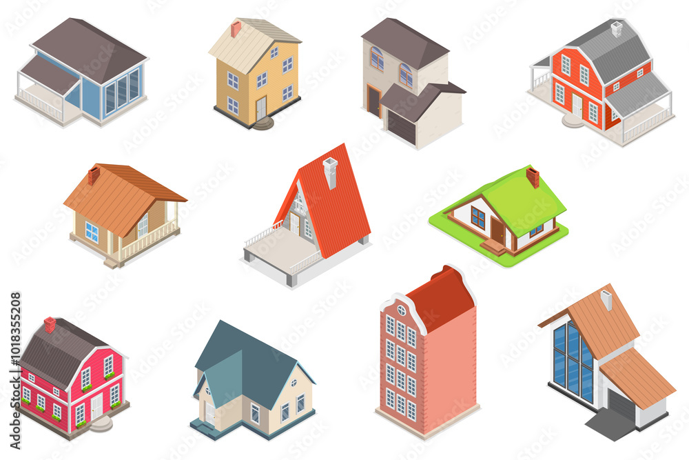 3D Isometric Flat Set of Village Buildings, Various Small and Big Houses 3D Isometric Flat Set of Village Buildings, Various Small and Big Houses