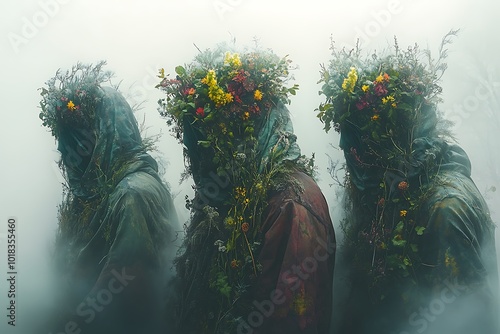 Three figures adorned with flowers and foliage emerge from the mist.