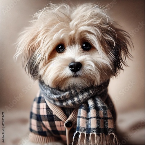 dog with dark eyes and shaggy hair with a checkered scarf and tie