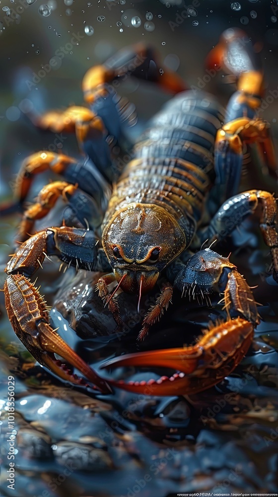 Wet Scorpion in Rainy Terrain Close-Up Wet Scorpion in Rainy Terrain Close-Up