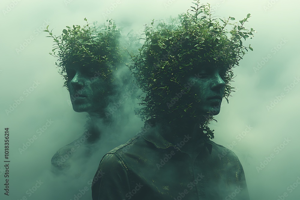Double exposure portrait of a man with a forest growing from his head Double exposure portrait of a man with a forest growing from his head