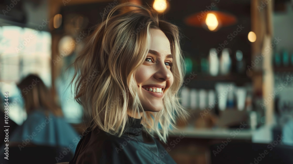 Smiling Woman with Fresh Haircut in a Salon Smiling Woman with Fresh Haircut in a Salon