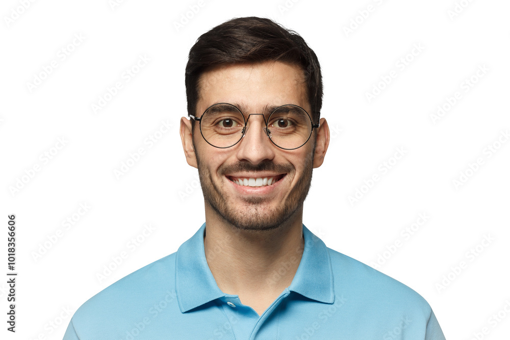 Close-up portrait of young smiling handsome man in blue polo shirt and round glasses Close-up portrait of young smiling handsome man in blue polo shirt and round glasses