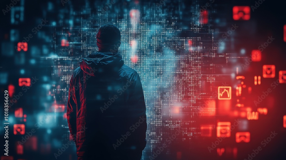 A cybersecurity expert standing in front of a translucent hologram filled with encrypted code and network security symbols. The image features a high-tech atmosphere with clear space for text around