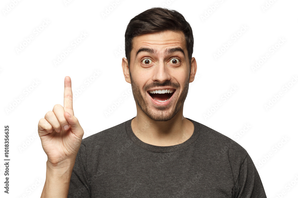 I have a great idea! Excited man keeping finger pointed upwards, making gesture with index finger I have a great idea! Excited man keeping finger pointed upwards, making gesture with index finger