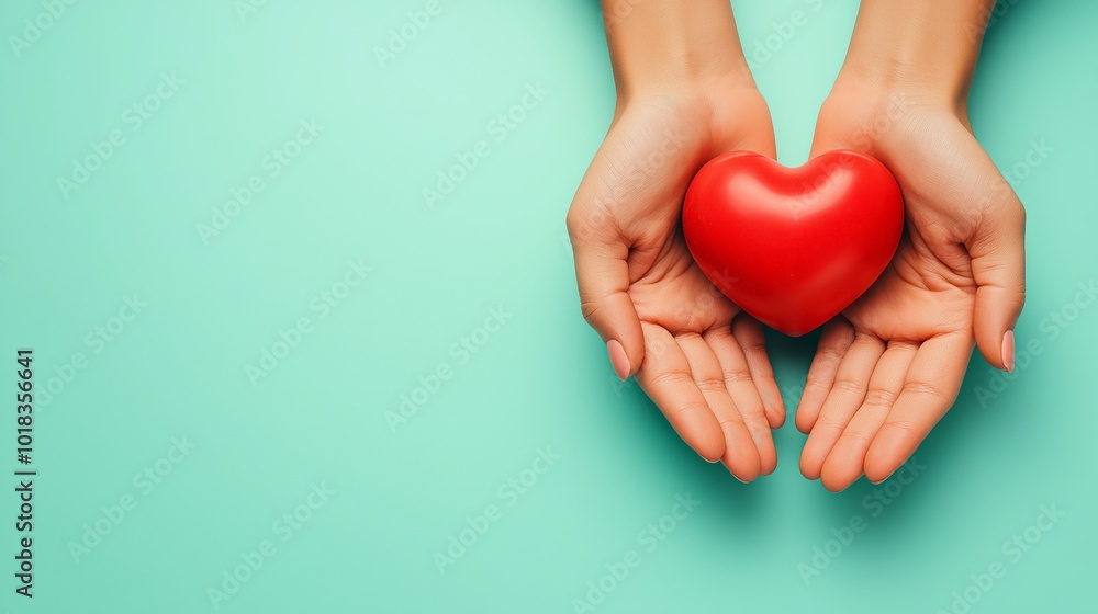 Fototapeta premium Female hands holding a red heart symbol on pastel background, representing love and care, perfect for health and charity concepts