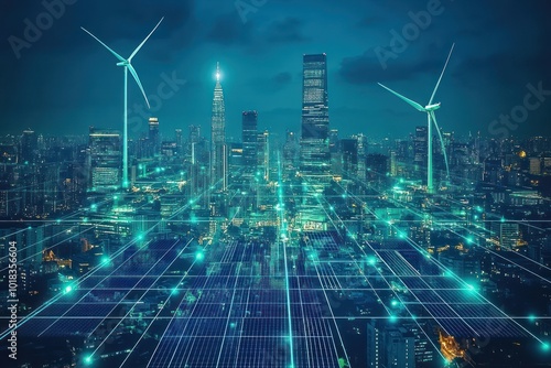 Wallpaper Mural A futuristic cityscape with glowing digital network grid and two wind turbines in the background, representing the convergence of technology and renewable energy. Torontodigital.ca