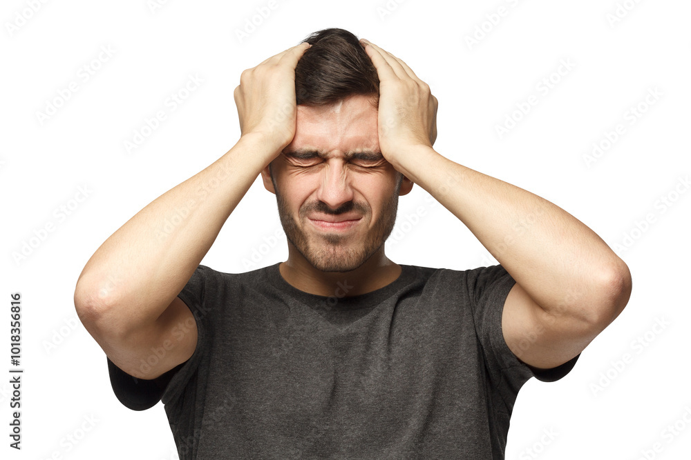 Fototapeta premium Young man showing how much head hurts, experiencing pain, looking miserable and exhausted. Headache concept.