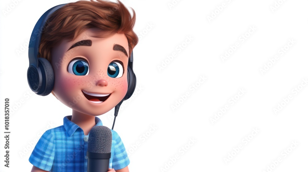 Adorable voice actor cartoon character in a recording studio, wearing headphones, isolated on white Adorable voice actor cartoon character in a recording studio, wearing headphones, isolated on white