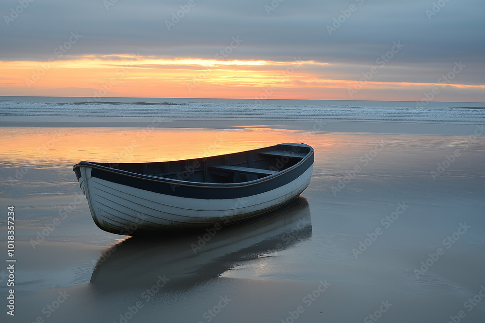 Naklejka premium Boat on the lake with sunset. generative AI
