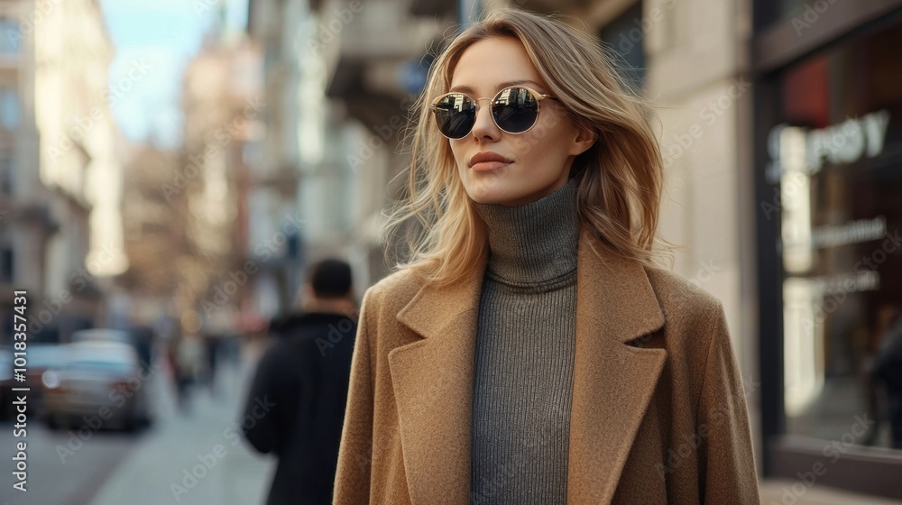 Stylish Woman in Sunglasses Strolling in Urban Setting Stylish Woman in Sunglasses Strolling in Urban Setting