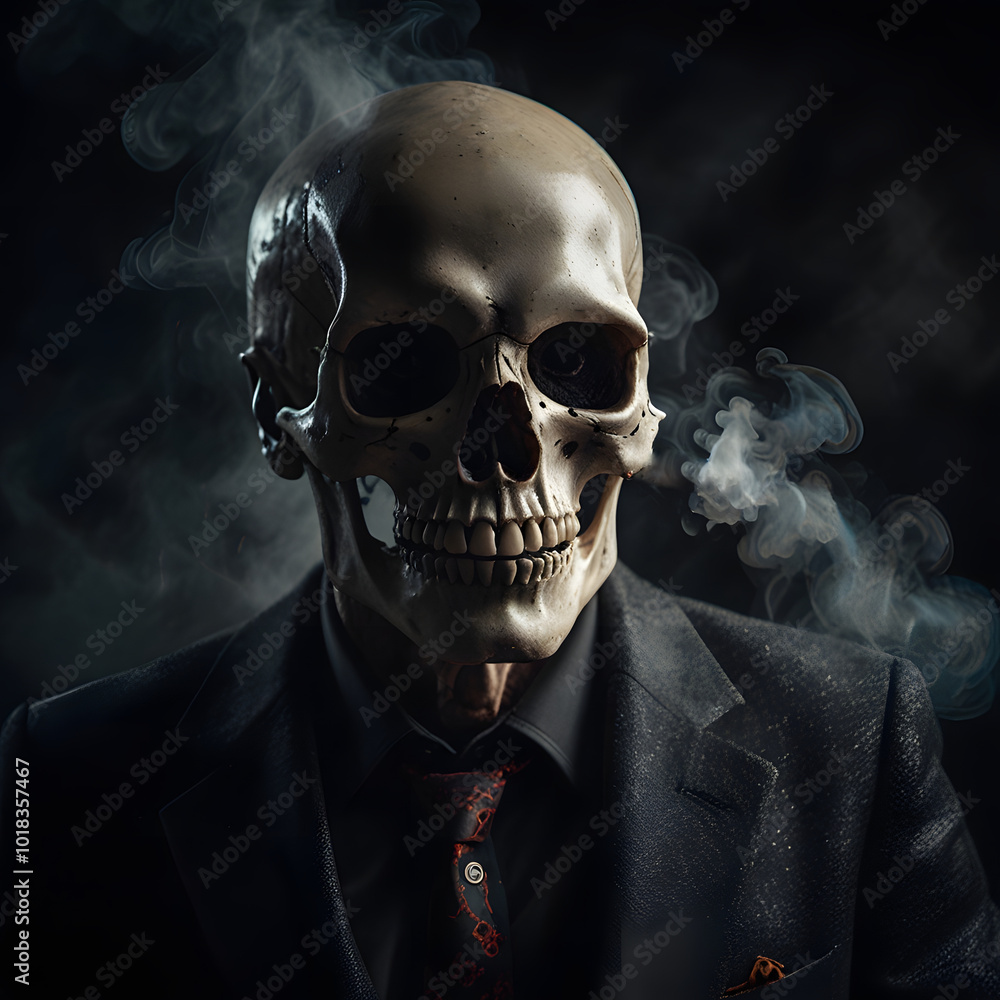 A skull of a man in a suit smoking a cigarette with smoke emitting from it. A skull of a man in a suit smoking a cigarette with smoke emitting from it.