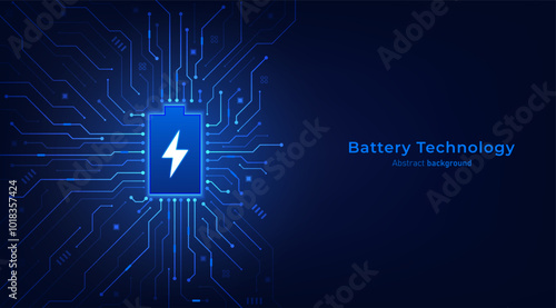 Battery technology on circuit board. The future of electric fast charge technology speed wireless Ev tech. Vector illustration.