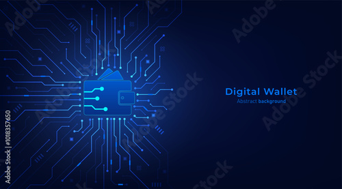 Digital wallet on circuit board. Digital wallet application internet banking. Mobile banking, online finance, e-commerce, money transaction concept. Online payment. Vector illustration.