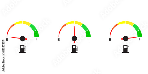 Gas and fuel gauge meter isolated on white background. Fuel empty and full, Indicator and Sensor. Vector illustration.