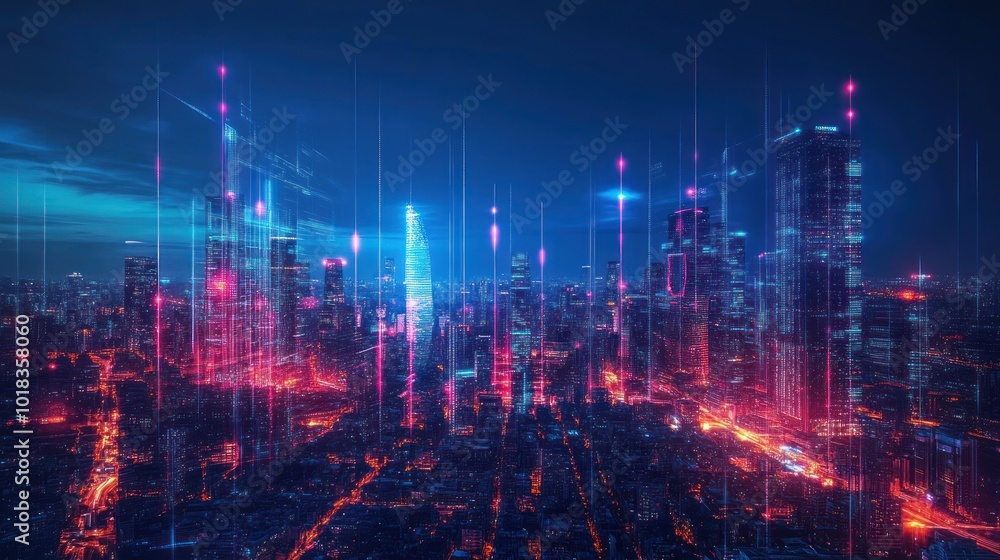 A futuristic cityscape at night with glowing lights and streaks of light emanating from the buildings, creating a sense of energy and innovation. A futuristic cityscape at night with glowing lights and streaks of light emanating from the buildings, creating a sense of energy and innovation.