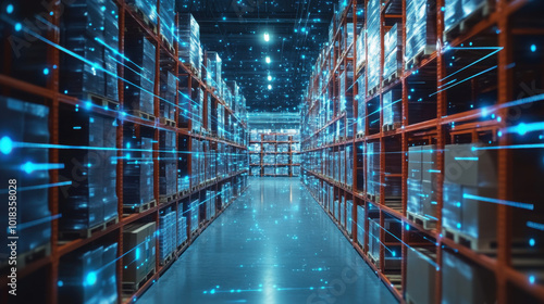 Smart warehouse management system using augmented reality technology to identify package picking and delivery . Future concept of supply chain and logistic business