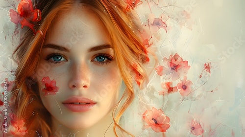 Show her wearing a delicate watercolor-detail. AI generated
