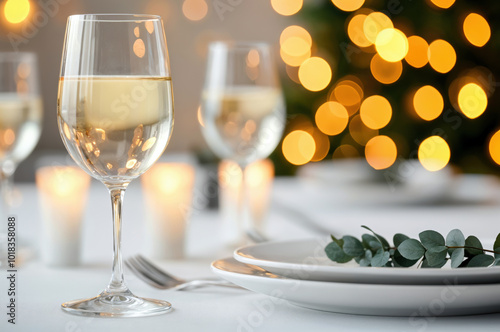 Elegant christmas table setting with empty plates and glasses waiting for food