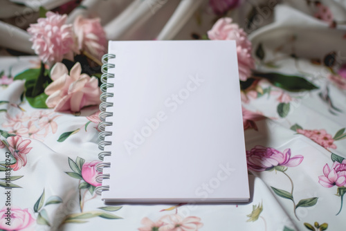 A white notebook with blank pages sits on top of a floral-patterned sheet, surrounded by pink flowers. The background is covered in soft fabric with light colors, creating an elegant atmosphere. photo